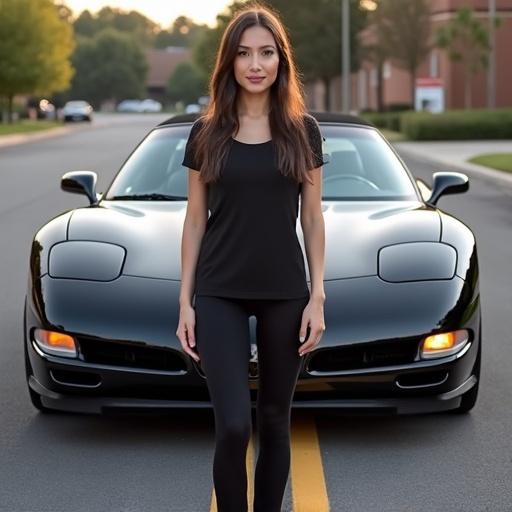 woman stands in front of black 2002 Corvette Z06 on street