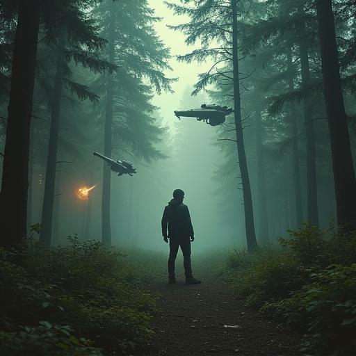 A man stands alone in a dense forest surrounded by mist. Small spaceships hover above shooting glowing kernels. The atmosphere conveys chaos and uncertainty. The scene depicts a struggle between man and alien technology.