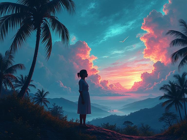 A woman looks at a stormy sky in a tropical landscape. Clouds show metallic contamination effects. Weather modified storms disrupt the horizon. The sky exhibits glitching with corrupted pixels and jittery outlines. Environment pulses with chaotic energy and shimmering error codes. Composition features abstract-tech aesthetics and datamosh effects. Artwork blends biopunk and tropical magic realism. Cinematic lighting emphasizes vibrant colors and a dark techno-spiritual atmosphere.