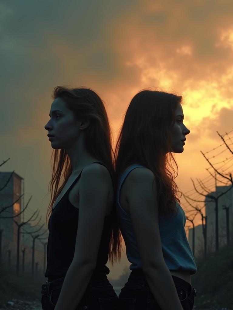 Two teenage girls stand back to back. Their silhouettes are displayed against a fiery sky. The background features crumbling buildings and rundown barbed wire fencing.