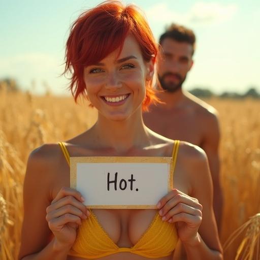 Mid shot of a stunning smiling woman with short red hair holding a sign with the word 'Hot' in a golden wheat field