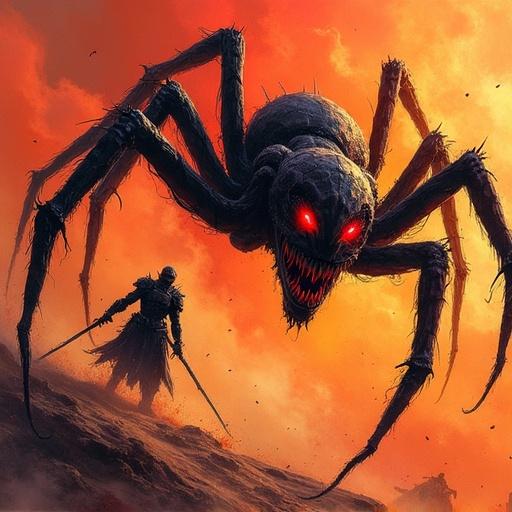 high contrast ultra sharp colorful sketch draw cinematic dark fantasy battle scene spider-like monster glowing red eyes black-armored warrior dynamic perspective orange-red fiery desert background triadic color palette