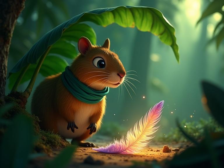 Capybara explores beneath a giant jungle leaf. Eyes wide in amazement at a shimmering lavender feather and banana-leaf wings. Background features moody green hues and floating dust motes. Text in bright contrast Portuguese about lost wings. Style mimics Disney Pixar animations.