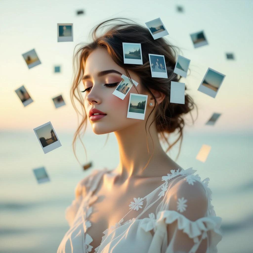 A poetic depiction of a woman made of fading memories. Her body dissolves into floating Polaroid photographs. Some images remain clear while others blur into mist. A gentle breeze scatters the photos. The atmosphere is surreal and emotional. The composition is dreamlike with fine details.