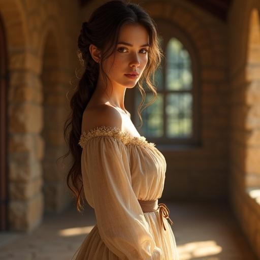 A graceful 25-year-old woman stands in a medieval fantasy setting. She has a refined figure and wears a modest elegant dress made of fine fabrics. The dress is in warm earthy tones with delicate embroidery. Soft light fills a rustic stone cottage where she poses naturally. The atmosphere is tranquil and inviting.