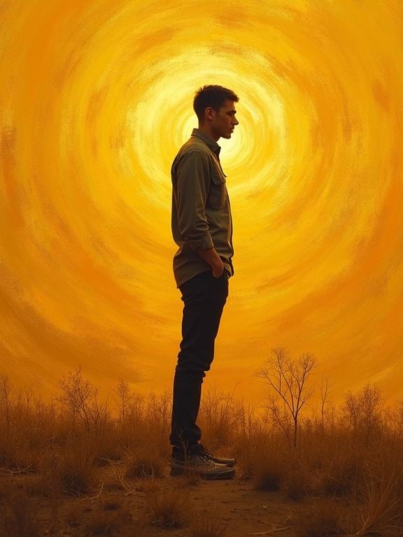 Portrait of a figure in profile standing in a textured landscape. Figure expresses disappointment and astonishment. Background features abstract swirling patterns. Warm amber and gold colors dominate the scene. Image is ultra-sharp and displays breathtaking quality.