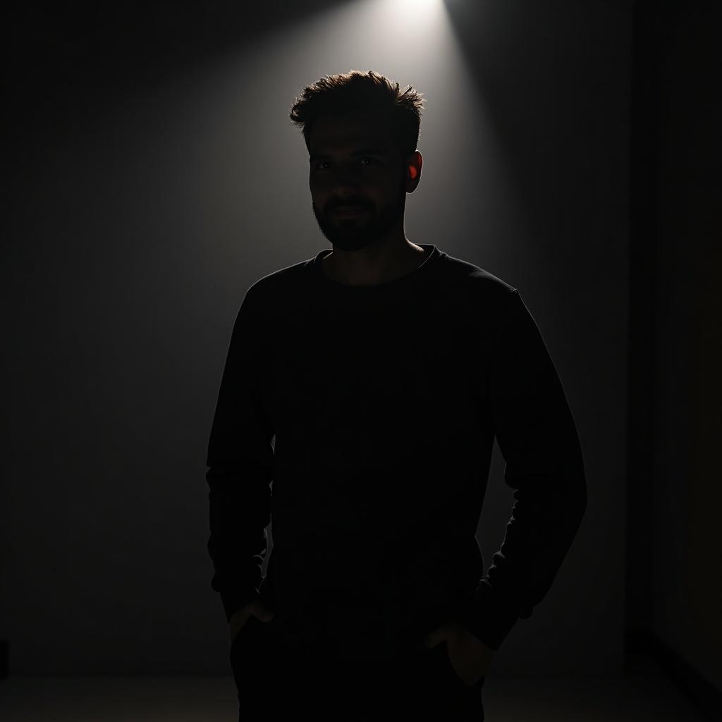 The image shows a figure in black clothes illuminated from above by a light beam. The background is dark and the overall atmosphere is dramatic and artistic.