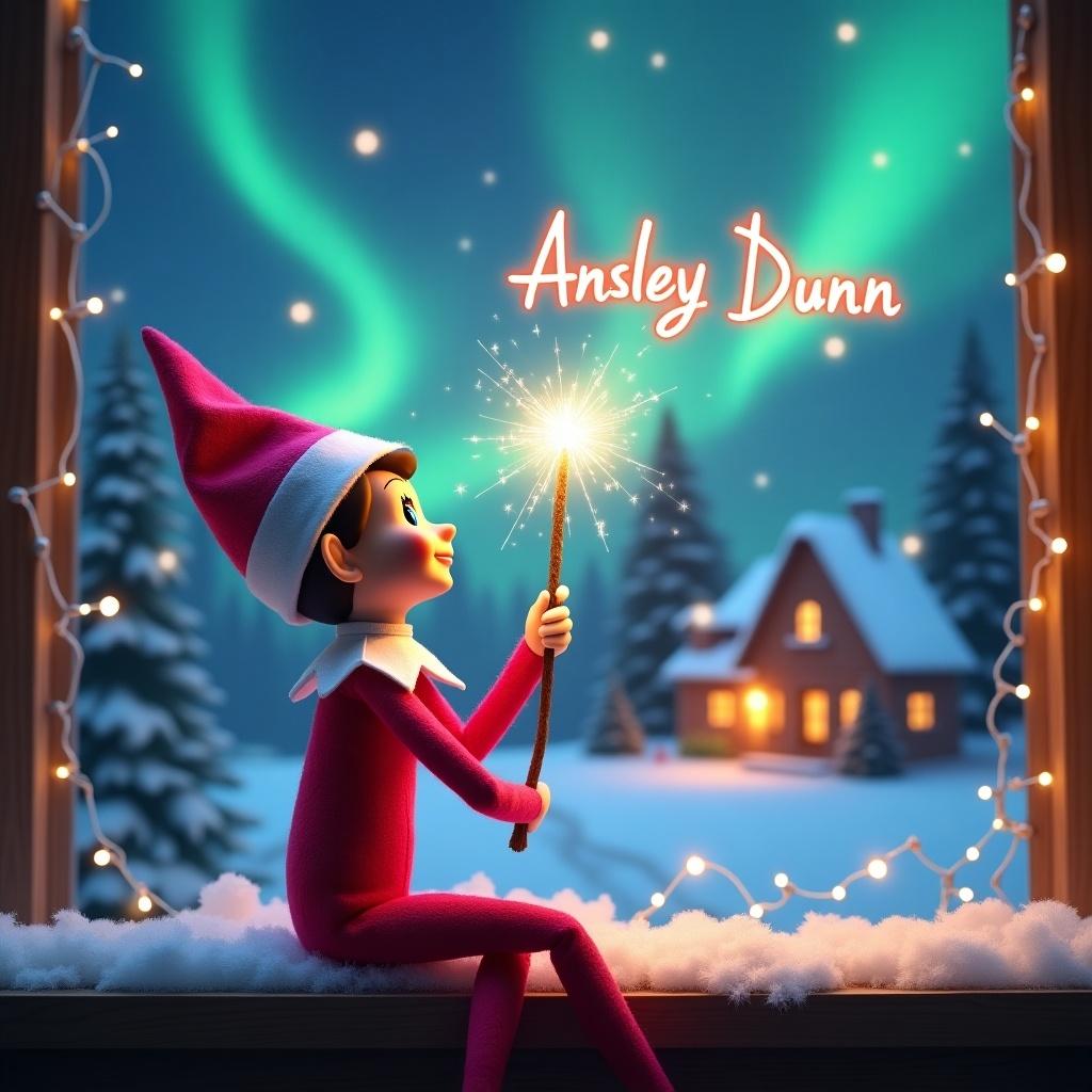 A pink elf on the shelf with a glowing wand. The elf gazes skyward while holding the wand that emits sparkling light. A charming Christmas scene is in the background, featuring colorful northern lights above a cozy, decorated house. Snow covers the ground, enhancing the winter atmosphere. The elf embodies magic and wonder associated with Christmas. The name appears in the air from the wand, creating festive cheer.