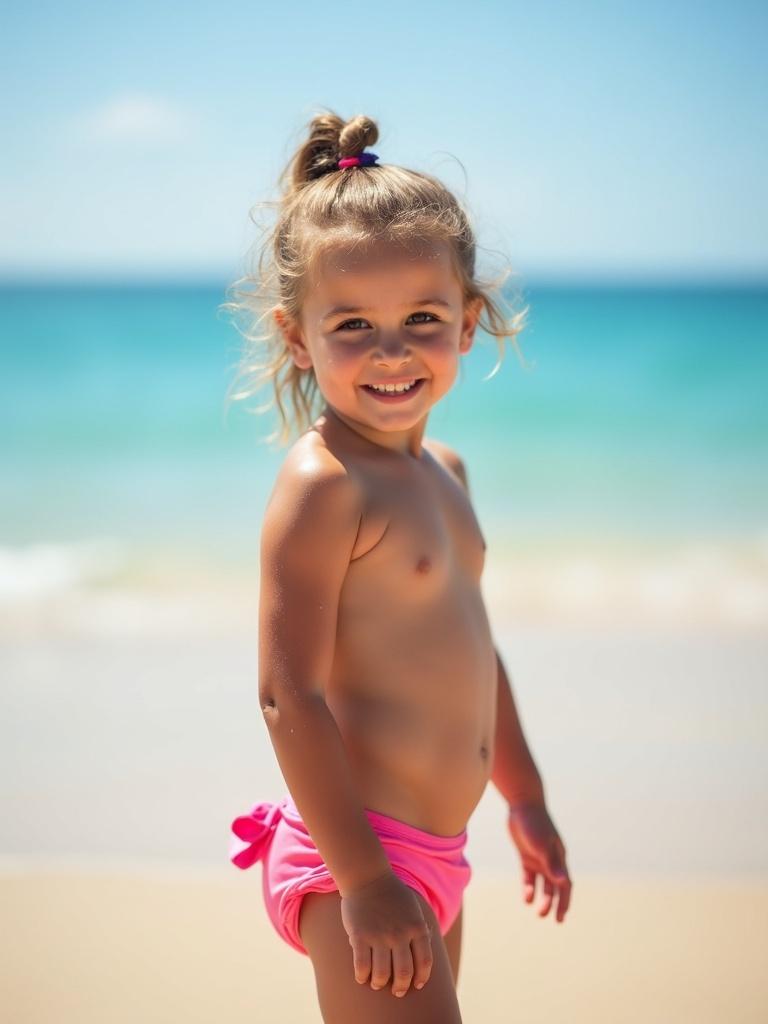 On a sunny beach a 7-year-old girl is facing the camera smiling in pink panties