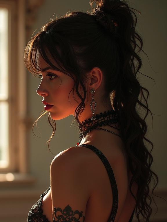 Side profile of a young woman with flowing hair. She has a striking beauty. Warm light illuminates her features. She wears a stylish outfit with elegant jewelry.