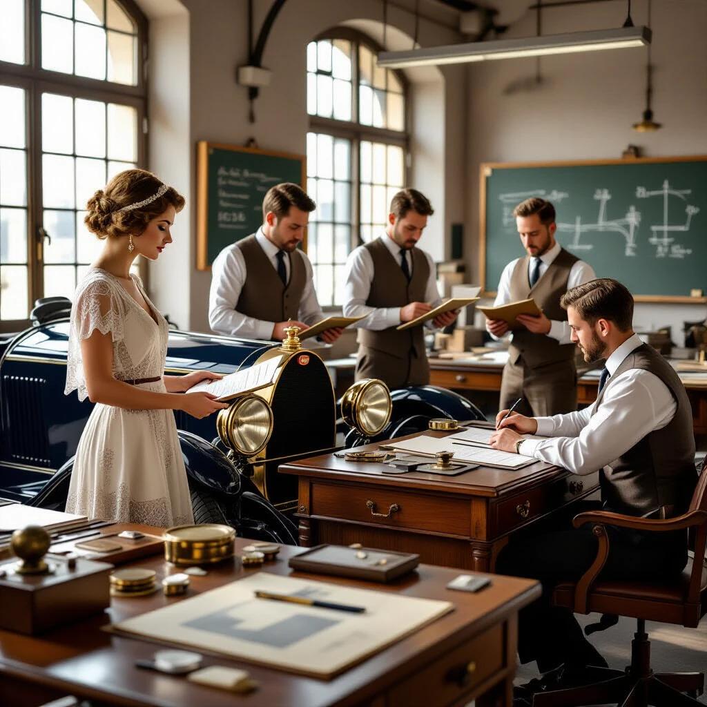 Art Deco style workshop featuring engineers measuring Bugatti Type 35 chassis. Various tools and equipment scattered on desks. Warm sunlight filters through factory windows. Detailed textures on wood and metal surfaces. Scenes of classic automotive engineering. Focus on differential measurements and technical activities.