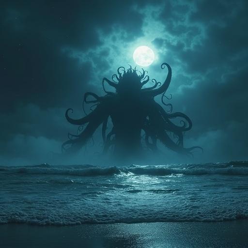 Great Cthulhu rises from the sea. Moonlight on a stormy night. View from beach towards Cthulhu.