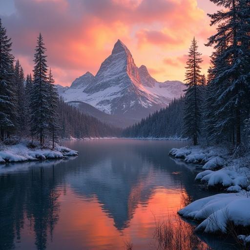Breathtaking sunset over a mountain reflected in a calm lake surrounded by snow and a forest. Vintage wooden elements.