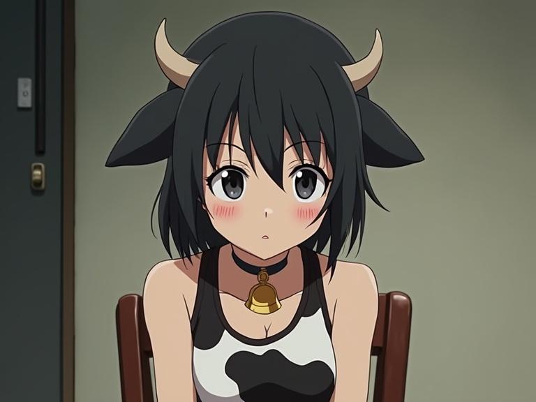 Anime screencap featuring a short black-haired girl with cow horns and a bell choker sitting at a chair. She has a curious expression while wearing a cow pattern tank top and has great cleavage perspective.