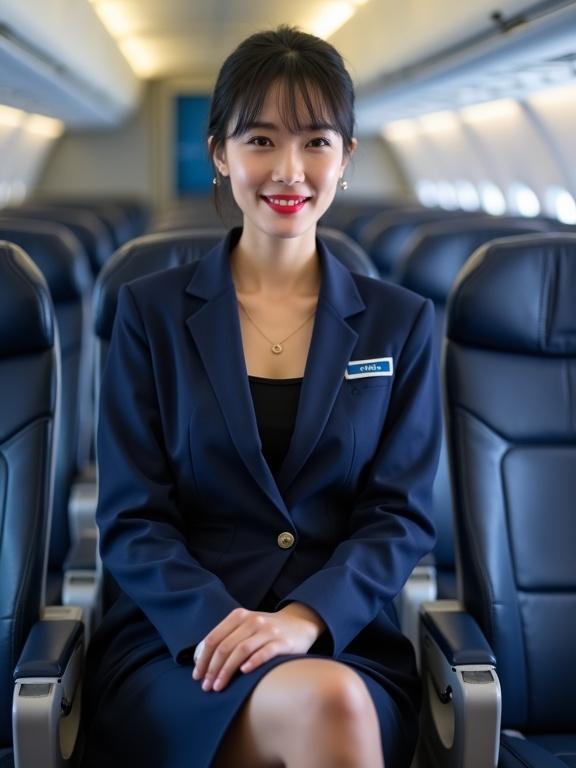 Short Chinese flight attendant sits in airplane seat. She has black hair and wears navy blue uniform. The aircraft interior has clean rows of seats. The atmosphere is organized and professional.