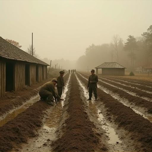 Wide shot of veterans planting crops in muddy terrain. Focus on their coordinated efforts. Dusty daylight and historical structures exhibited. Emphasis on WPA-inspired tonality.