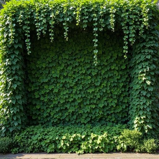 Lush wall of cascading ivy with trailing leaves. Vibrant greenery creates organic, tranquil display.