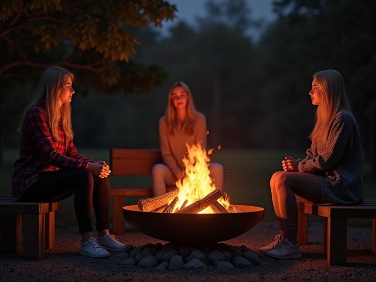 Photograph captures an outdoor scene at night with a fire pit. Three women are seated on wooden benches enjoying the warmth of the fire. They are talking and smiling, surrounded by trees and a warm glow from string lights. A cozy and tranquil atmosphere fills the setting. Vibrant flames illuminate the surroundings.