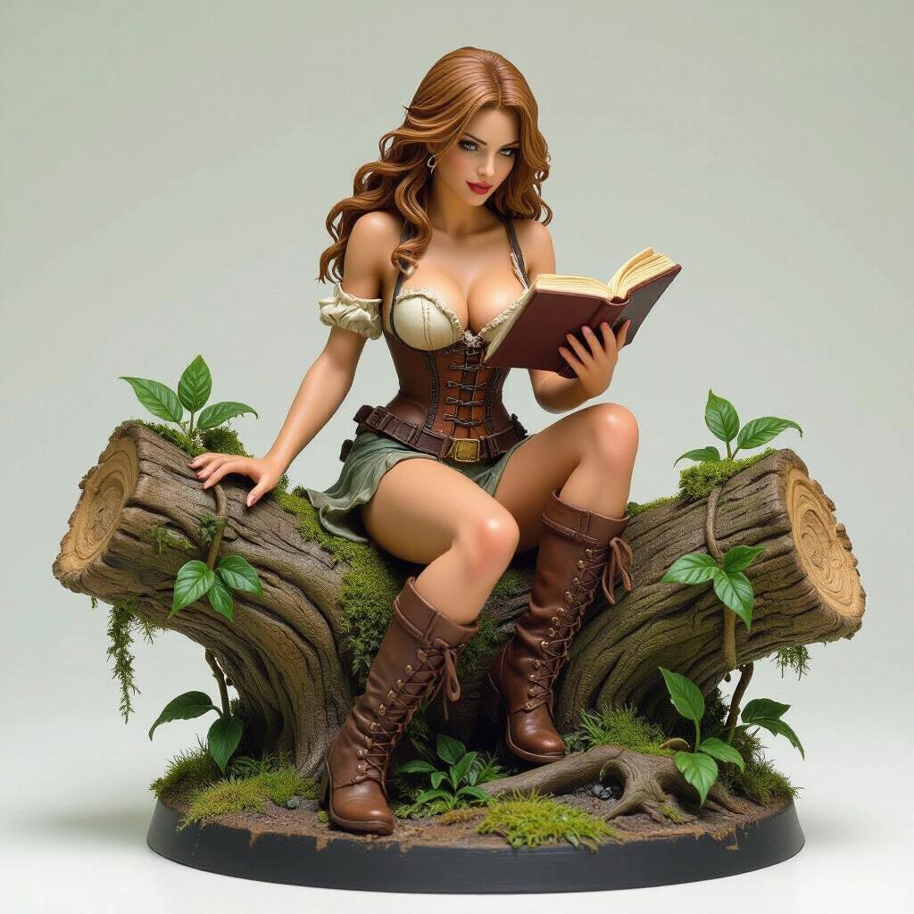 Stylized ultra-detailed figure of woman with light brown hair and fair skin inspired by a jungle theme. She sits on a trunk with moss and vines. Her arms rest on the trunk, reading a book. She wears a torn earth-tone outfit that shows part of her legs. The setting includes decorative leaves and a butterfly. The design is elegant, wild, and intellectual.