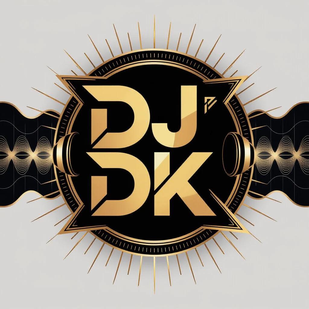 Create a modern impactful logo for "dj dk" in black and gold. Bold stylized typography should evoke futuristic electronic music vibes. Include visual elements like headphones and sound waves. The composition must highlight the name 'dj dk' with a shiny metallic effect, balanced with a dark background. The logo must be versatile for flyers and social media, maintaining a modern and professional look.