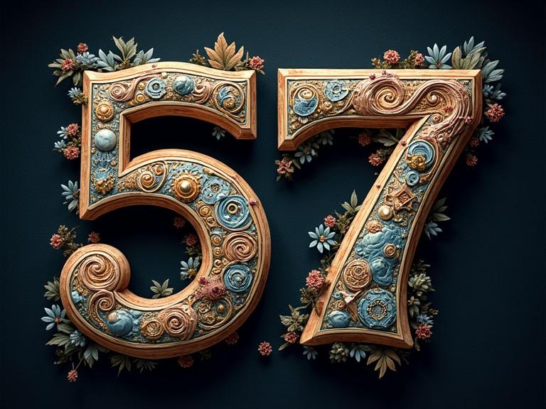 Fantastical font design featuring the numbers 57. Each number serves as a miniature universe with intricate details and swirling patterns. Embellished with ancient runes and floral elements. Background is dark to accentuate the richness of the design.