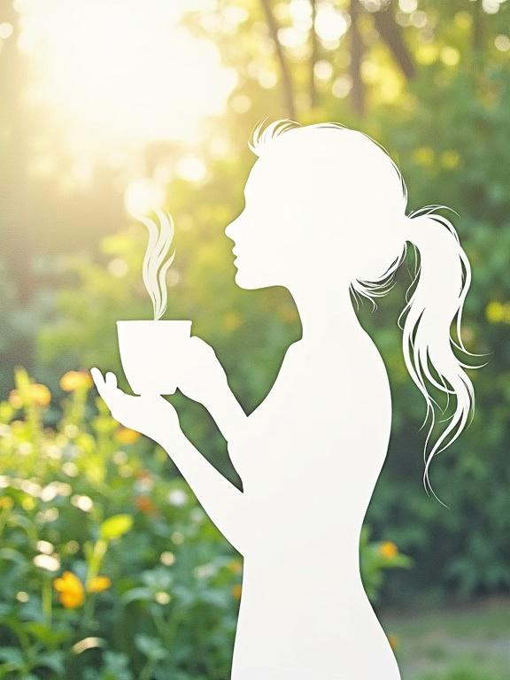 Silhouette of a lady holding coffee cup. Bright summer garden in the background. Lush greenery and sunny atmosphere. White canvas with subtle shading. Focus on silhouette details. High quality 8K image.