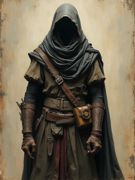 An oil painting of a cloaked figure wrapped in tattered fabrics and lightweight leather armor. The face is obscured by a deep hood. A collapsible spyglass and a dagger are strapped to the figure's back. The painting has a rough antique finish.