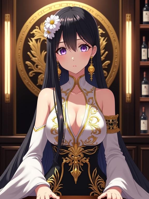 Anime-style woman with long dark hair wearing an ornate outfit in a luxurious bar interior with gold and dark colors. She has a calm expression.