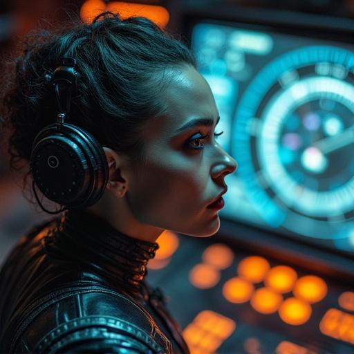 Creative portrait from an upward angle. Texture of an alien woman in a galactic spaceship. She sits in front of illuminated controls and displays a decadent atmosphere. Artistic portrait with surreal style and avant-garde makeup.