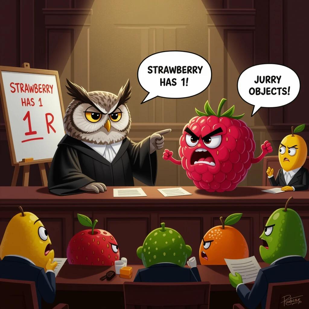 A courtroom setting with a serious owl judge and a smug strawberry arguing with an angry raspberry. The strawberry points at a whiteboard saying 'Strawberry has 1 R' while the raspberry passionately objects. A jury of various confused fruits watches. The style is cartoonish, with dramatic lighting and speech bubbles.