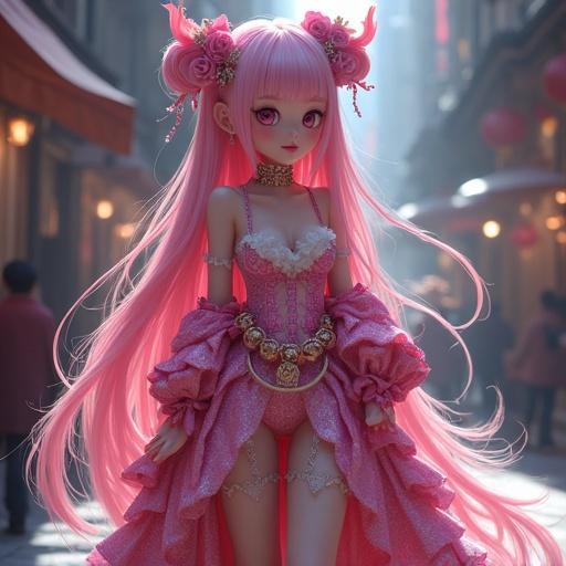 Photograph of a luxury couture outfit inspired by anime. Charming pink hues dominate the scene. Character features long pink hair, intricate costume details, and a playful expression.
