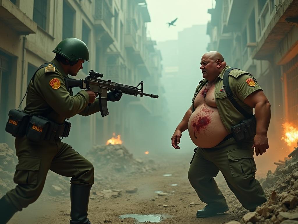 A tense gunfight in a smoke-filled environment. A soldier points an assault rifle at a portly man with a visible wound. The background shows ruined buildings and a chaotic battlefield. The scene is illuminated by hazy light filled with dust motes. The man has a grimacing expression due to pain.