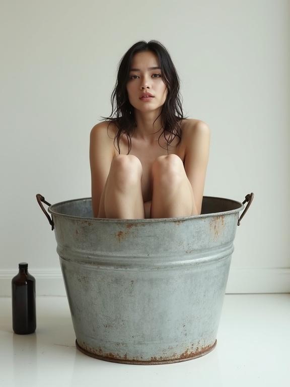 Vintage photograph of a young woman in a large metal bucket. She sits with knees drawn up. Arms rest on the bucket rim. Her hair is wet and tousled. She gazes at the camera with a neutral expression. Skin appears smooth. The bucket is on a white surface. A small dark bottle is beside the bucket. Background is a light-colored wall. High contrast emphasizes textures. Metal bucket is weathered with rust marks. The bottle is small and cylindrical. Photograph is modern and minimalist. Soft lighting highlights the body contours.