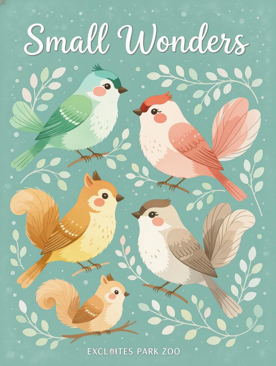 Small animals illustrated in soft colors. Colorful birds and a squirrel. Watercolor technique enhances delicate appearance. Features fluid lines with an elegant presentation. Suitable for children's artworks and nature themes. Exclusively created for Emirates Park Zoo.