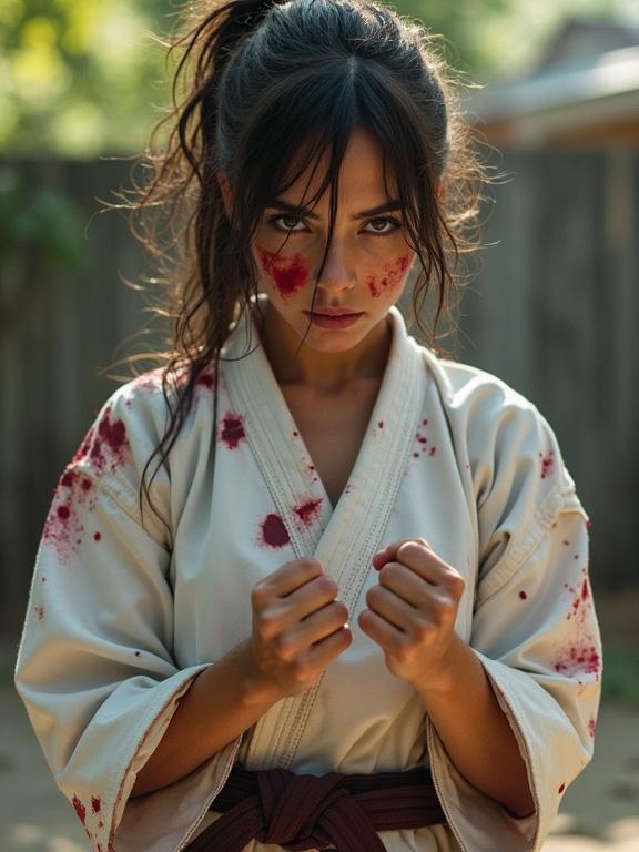 Athletic woman wearing a karate gi in a backyard. The gi is worn-out with bloody smudges. She has an asymmetrical hairstyle and heavy bruises on her face. The woman's expression is exhausted but focused, fists are raised in determination.
