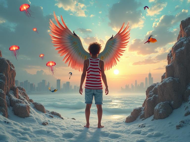 Create a surreal artwork of a young person barefoot on an icy landscape. They wear a red-and-white striped tank top and denim shorts, with ornate bird wings on their head. The sky is filled with glowing shapes resembling jellyfish, and colorful birds fly around. A modern cityscape appears in the background. Use a color palette of warm tones for the sky and cool tones for the landscape. Incorporate cracks in the ice and textured rocks. The lighting should create an ethereal feel, contrasting warmth and cold, nature and urban elements. Evoke themes of transformation and imagination.