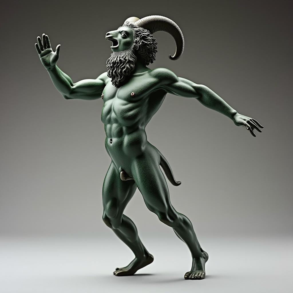 Detailed depiction of a bronze statue of a Dancing Satyr from Ancient Greece. The figure is muscular with goat-like features. The pose is dynamic and expressive, showcasing a celebratory dance. The background is neutral to emphasize the sculpture's details.