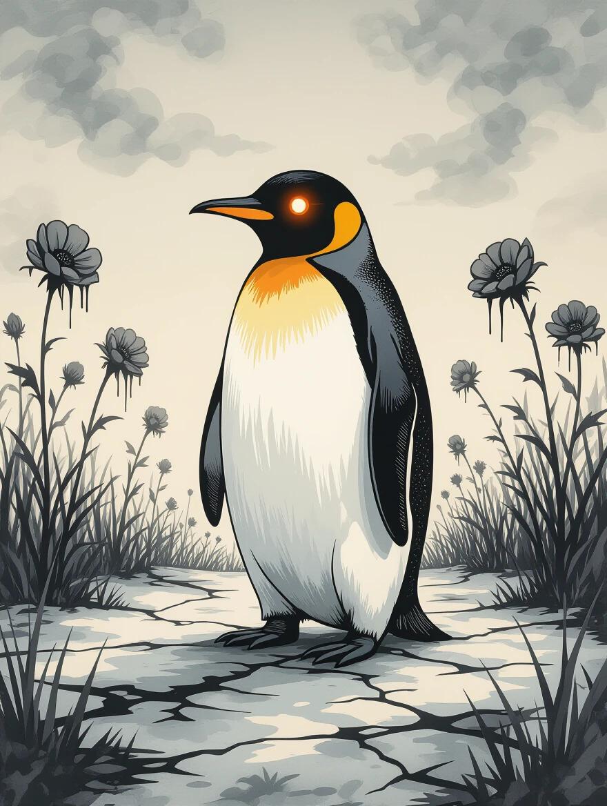 Stylized black penguin with glowing orange eye stands in a frozen garden. Garden contains wilted flowers and cracked ground. Pale overcast sky creates a dreamlike, eerie atmosphere. Composition is surreal and minimalist, featuring scratchy ink linework, expressing a somber mood.