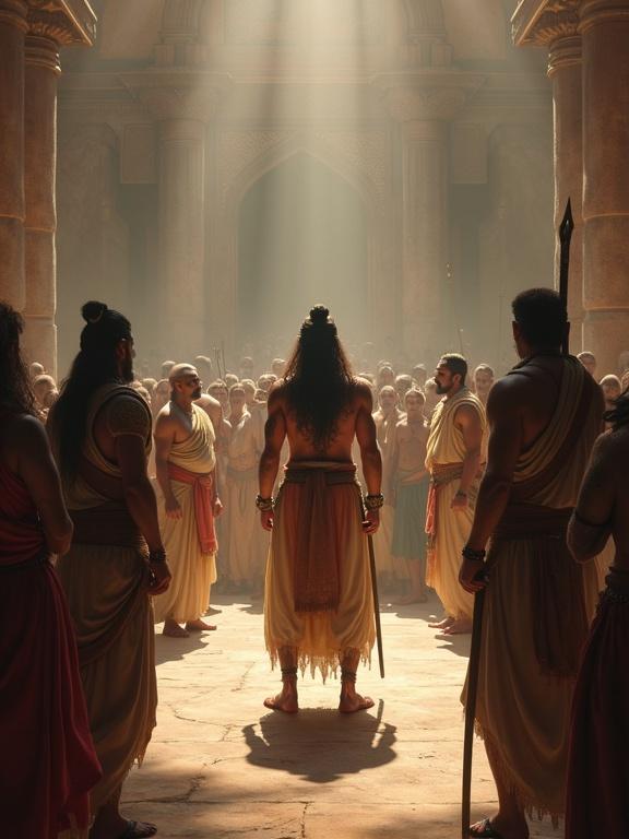 A warrior stands in the arena challenged by elders and other warriors. Karna appears proud but in pain. Silence from Drona and Bhishma. Bheema mocks nearby. A crowd whispers judgment. Light focuses on Karna, shadows cast on others. Emotional tone highlights conflict in an epic Indian art style.