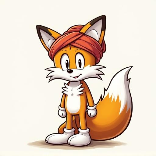 A cartoon fox character named Tails is illustrated. Tails has orange fur and is wearing a turban. No background or additional clothing. The focus is solely on Tails in the turban.