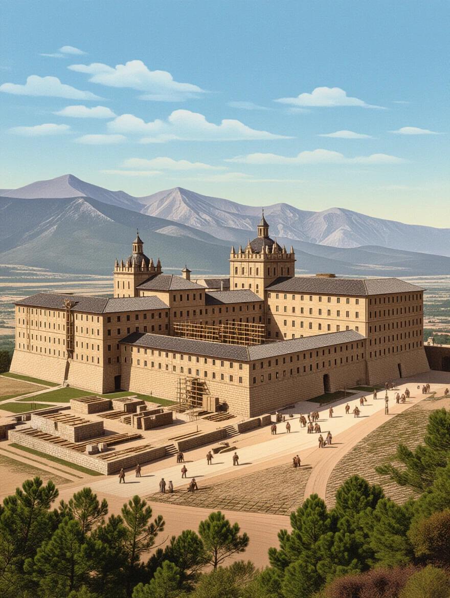 Illustration of El Escorial during its construction in 1563. Features detailed architecture and surrounding landscape. Depicts workers and the mountainous backdrop.