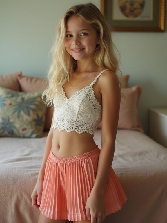 A young girl poses in a mini pleated skirt and a lace-trimmed cami. Hair is blonde and helps to create a youthful look. She showcases a slim waist while standing against a softly colored background.