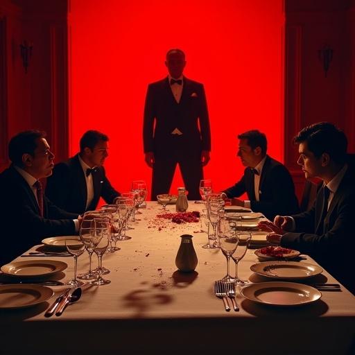 Classic mystery scene featuring a formal banquet table in chaos with a broken wine glass. Stunned guests around the table with a bold red glowing background and an eerie silhouette looming behind them.