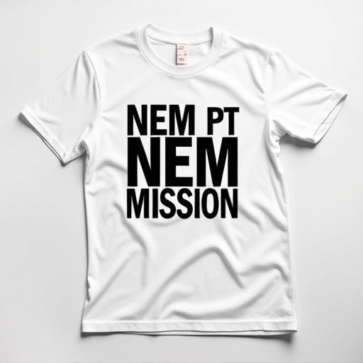A white t-shirt featuring the slogan NEM PT NEM MISSION displayed in large black font. Simple design with clear text.