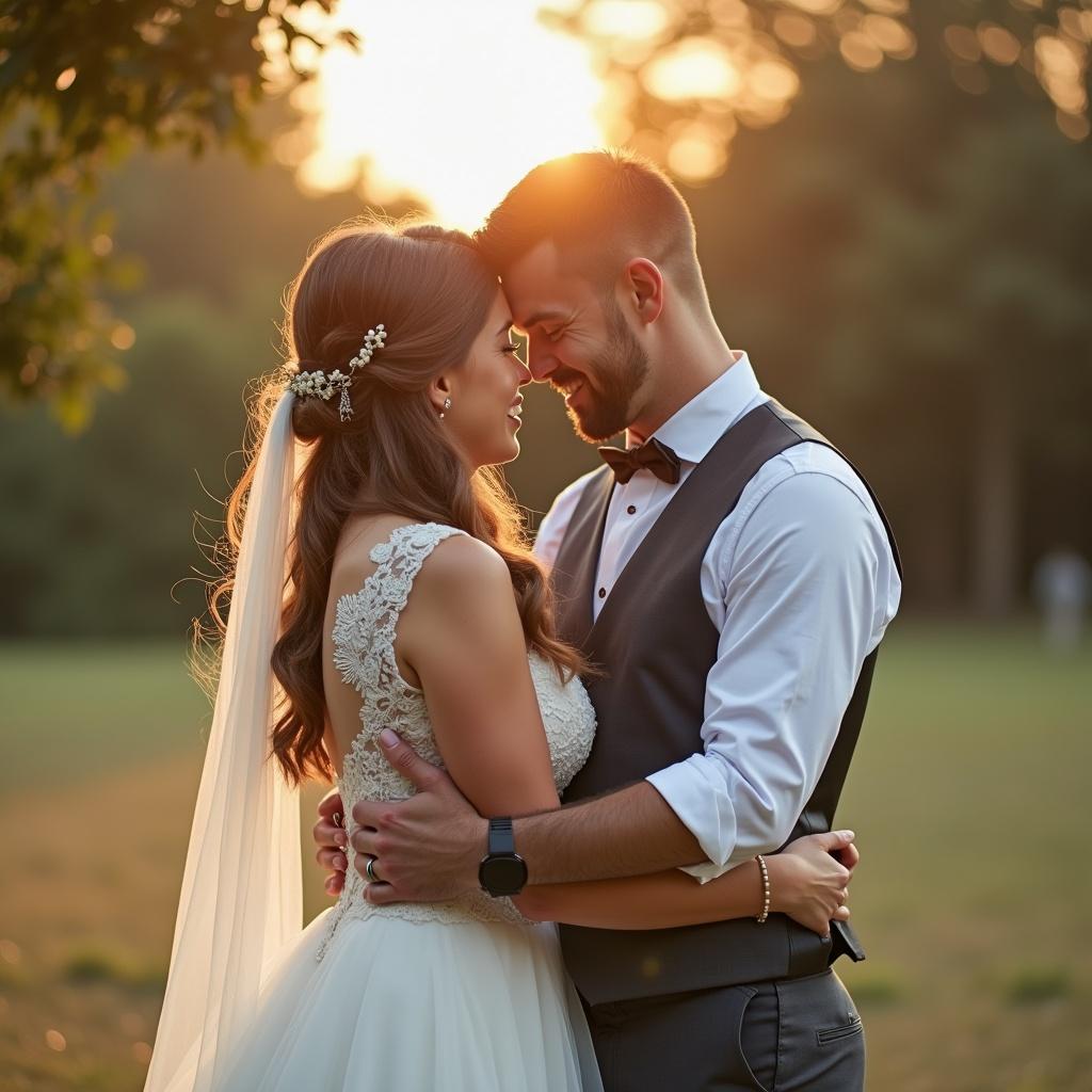 Couple hugging in a romantic setting during a wedding. Soft golden light in the background. The bride wears a lace dress with a veil. The groom is in a formal attire. They share an intimate moment.