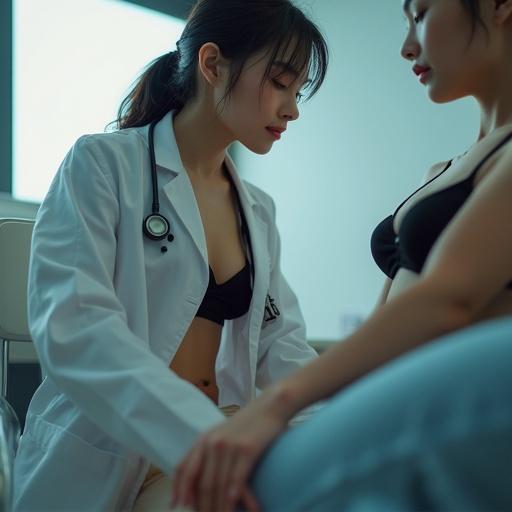 Ultra low angle shot of a petite female doctor sitting on a chair. She wears a stethoscope and a black bra. The transparent white coat is on the ground. She has tied wet hair. A male patient is beside her. She has her leg on his body. Gentle light enhances the atmosphere.