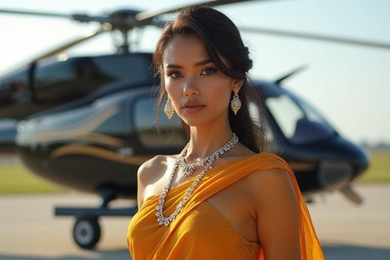 Create an elegant girl in saree with a formal look. Minimalist jewelry. Standing in front of her newly owned private chopper.