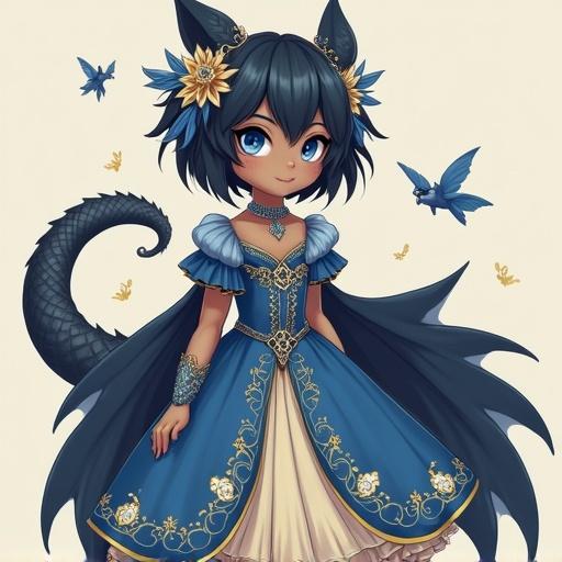 Character dressed in an elegant blue and gold gown. Furry features with dragon elements. Black hair blue eyes.  Accompanied by small butterflies in the background.