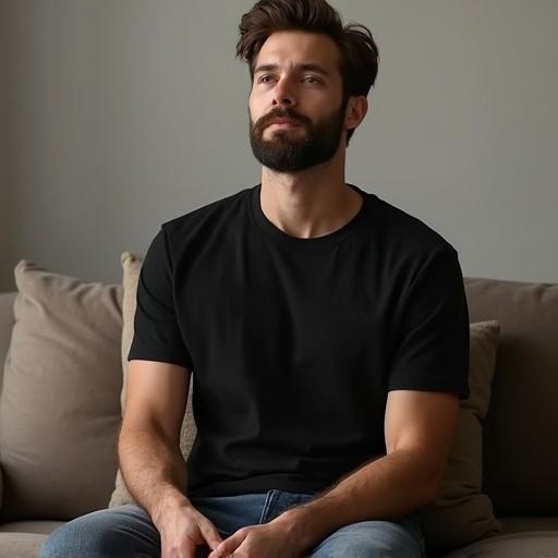A man wearing a basic black t-shirt sits casually. The scene shows a relaxed setting. The man embodies comfort and style. Suitable for a t-shirt mockup.