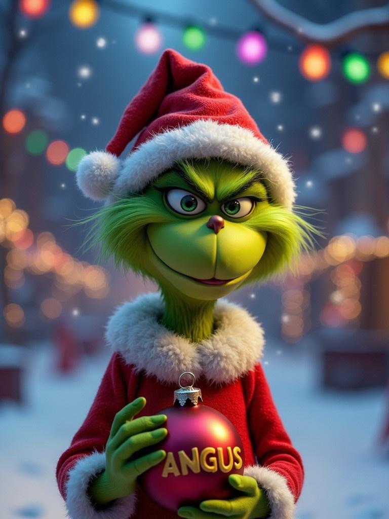 Grinch character in festive clothing holds a red bauble with the name Angus. Snowy landscape features colorful Christmas lights in the background. Cheerful and vibrant atmosphere.